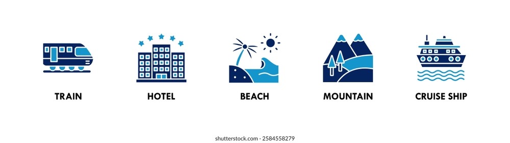 Travel and Holiday banner web icon illustration concept with icon of train, hotel, beach, mountain, and cruise ship