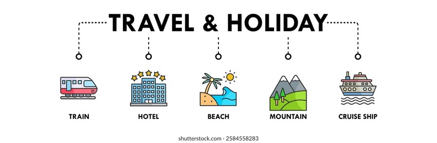 Travel and Holiday banner web icon illustration concept with icon of train, hotel, beach, mountain, and cruise ship