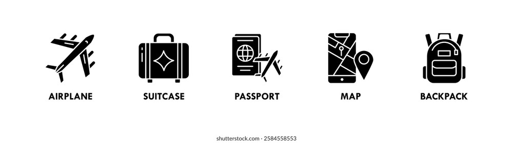 Travel and Holiday banner web icon illustration concept with icon of airplane, suitcase, passport, map, and backpack