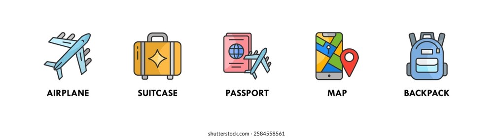 Travel and Holiday banner web icon illustration concept with icon of airplane, suitcase, passport, map, and backpack