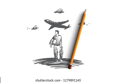 Travel, Holiday, Business Trip, Vacation Concept. Hand Drawn Man With Luggage, Airplane On Background Concept Sketch. Isolated Vector Illustration.