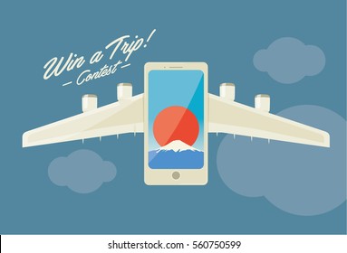 Travel and Holiday- Creative concept of Mobile phone and airplane. Suitable for free flight or any others travel related contest or promotions. Vector Illustration.