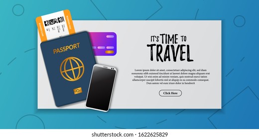 travel holiday document illustration. boarding pass airplane ticket, passport immigration, credit cad, phone, top view. Vacation tourist advertising poster banner template