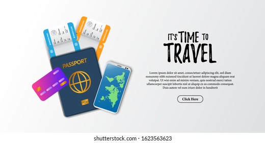 travel holiday document illustration. boarding pass airplane ticket, passport, phone, and credit card top view. Holiday tourist advertising poster banner template