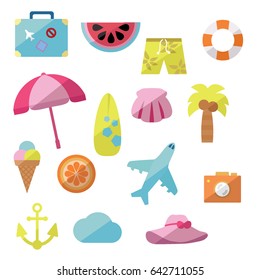 Travel and holiday flat icons. Summer set icons.