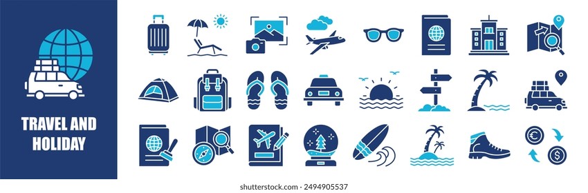 Travel and Holiday icon collection set. Containing design, travel, vacation, summer, holiday, tourism, and more. Solid vector icons collection.	