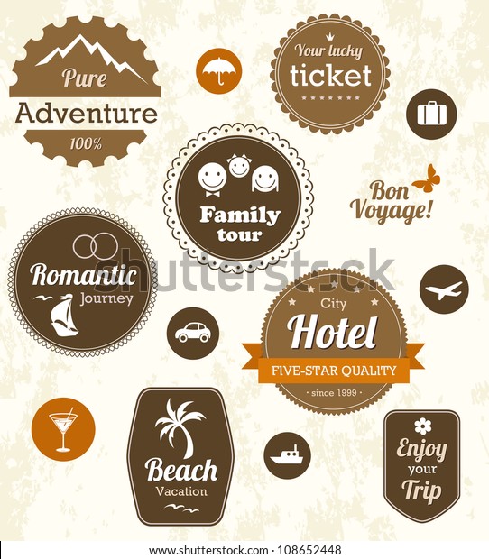 Travel\
and holiday icons and labels. Editable vector\
set