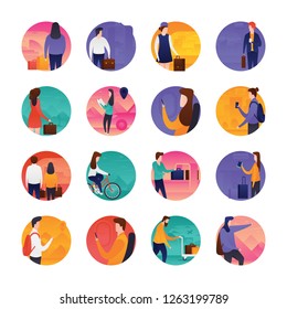 Travel and holiday illustrations with flat vectors with detailed vectors throwing light on tourist avatar, traveling equipments to be the guide along with travelling gadgets. 