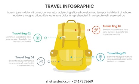 travel holiday infographic with 4 point stage template with big yellow bags and circle point line description for slide presentation