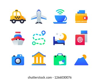 Travel and holiday - set of flat design style icons on white background. High quality images of taxi, plane, internet cafe, wallet, ship, road route, bed in hotel, passport, camera, suitcase, mountain