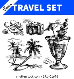 Travel and holiday set. Hand drawn sketch illustrations 