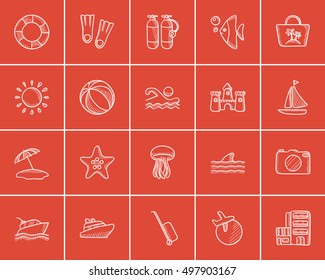 Travel and holiday sketch icon set for web, mobile and infographics. Hand drawn travel icon set. Travel and holiday vector icon set. Travel and holiday icon set isolated on red background.