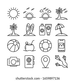 Travel, Holiday, Summer, and Tourism line icons set vector illustration. Beach, Sea, Passport, Sand, Travel, Kite, Umbrela, Summer, Vibes, Hot Sun, 10, Sunday. Pixel perfect. Editable Stroke.