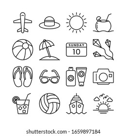 Travel, Holiday, Summer, and Tourism line icons set vector illustration. Beach, Sea, Passport, Sand, Travel, Kite, Umbrella, Summer, Vibes, Hot Sun, 10, Sunday. Pixel perfect. Editable Stroke.