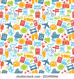 Travel Holiday Vacation Adventure Summer Sea Cruise Icons Seamless Pattern Vector Illustration.