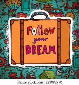 Travel holiday vacation hand drawn poster with tourist suitcase vector illustration