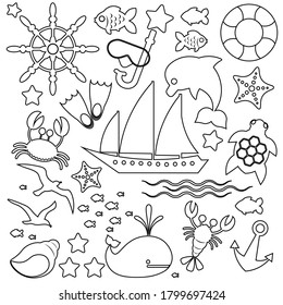 Travel, holiday and vacation icons set isolated on white background. Vector thin line illustrations with objects, activities and places related to travel, tourism, outdoors on the beach and in the mou