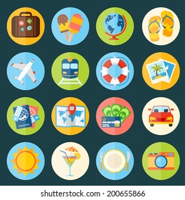 Travel holiday vacation icons set of suitcase globe icecream isolated vector illustration