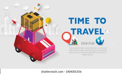 Travel holiday vacation suitcase ready for adventure concept poster, banner red car park at beach vector illustration and design for card,