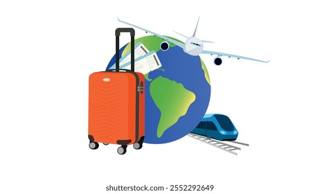Travel, holiday or vacation and transportation concept vector illustration. Travel vector background design with orange suitcase, ticket, high speed train, airplane and globe .