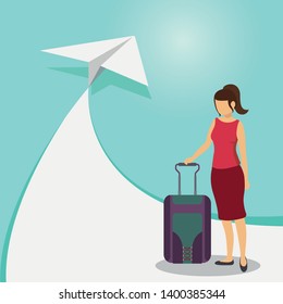 Travel and holidays concept art illustration. Flat vector illustration of a paper plane flying and a girl in a red dress with a travel bag. Travel poster art with space for text. Blue background.