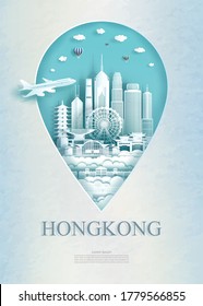 Travel Hong Kong architecture monument pin in Asia with ancient and city modern building business travel poster and postcard. Tour landmarks of asia architecture. Vector illustration pin point symbol.