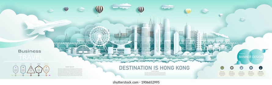 Viaje por Hong Kong al mejor rascacielos del mundo moderno y la famosa arquitectura de la ciudad. Diseño de folletos de negocios modernos para publicidad con infografías.Tour Hong kong, un punto de referencia de Asia con un horizonte popular.