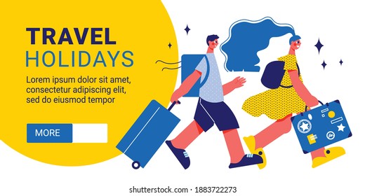 Travel horizontal banner with characters of walking tourists with suitcases editable text and slider more button vector illustration