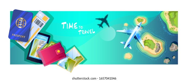 Travel horizontal banner with passport, ticket, smartphone, wallet, plane. Tropical islands top view on the background. Air trip concept for flight and tourism companies’ advertisement. 