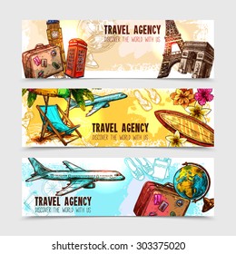 Travel horizontal banner set with sketch landmarks and vacation elements isolated vector illustration