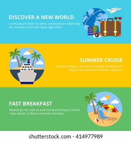 Travel horizontal flat banners set with summer cruise discovery new world breakfast on beach isolated vector illustration    