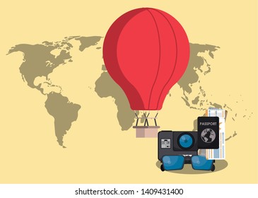 Travel hot air balloon and passport with flight ticket over world background vector illustration graphic design