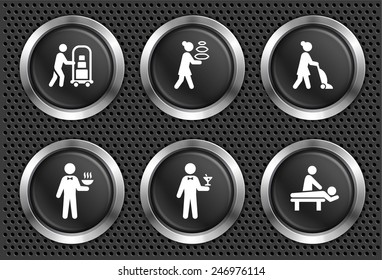 Travel and Hotel Accommodations on Black Round Buttons