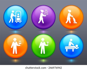 Travel and Hotel Accommodations on Multi Color Round Buttons
