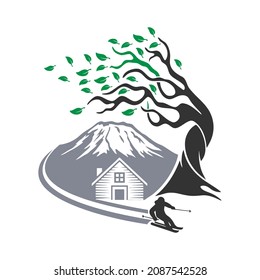 Travel Hotel Adventure Wanderlust Vintage Hand Drawn Mountains And Forest Beach Beautiful Sunset Sun Rise Tree House Summer Beach Holiday Faster Traveling Location Logo