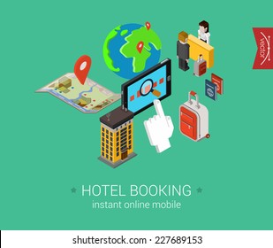 Travel hotel booking flat 3d isometric pixel art modern design concept vector. Search, book, pay for accommodation online, check in, passport, visa. Web banners illustration and website infographics.