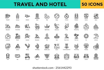 Travel and Hotel icon set with passport, suitcase, airplane, hotel, map, globe, compass, backpack, camera, beach icon. Simple line vector 
