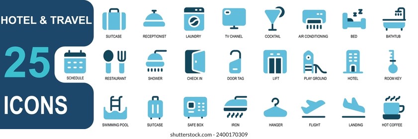 travel and hotel icon set.flat color icon style.contains suitcases, reception, laundry, tv channels, cocktails, air conditioning, bed, bath, schedule, shower, restaurant. vector design set.