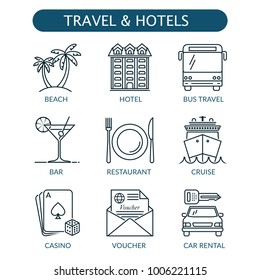 Travel and hotel icons set. beach, hotel, bus travel, bar, restaurant, cruise, casino, voucher, car rental icons