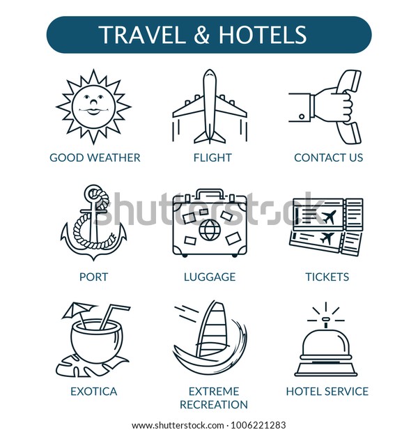 Travel and hotel icons set. good weather, flight,
contact us, port, luggage, tickets, exotica, extreme recreation,
hotel service icons