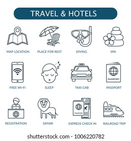 Travel and hotel icons set. map location, place for rest, diving, spa, free wifi, sleep, taxi cab, passport, registration, safari, express check in, railroad trip icons