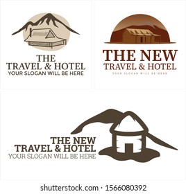 The travel and hotel logo with hut mountain illustration vector suitable for country outdoor desert business