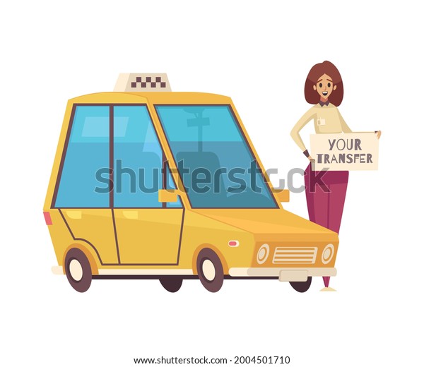 Travel hotel transfer cartoon icon with taxi\
and smiling woman vector\
illustration