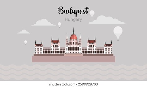 Travel Hungary ancient architecture in Budapest. Tour famous architecture of europe landmark. Tourism illustration of the parliament building in Budapest. Minimalist style