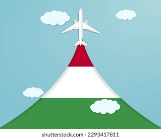 Travel to Hungary by flight, destination concept, vacation in Hungary, plane vector design, paper cut effect with blue sky and airplane, summer trip idea, country tourism banner