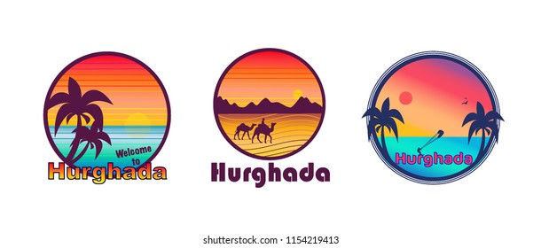 Travel Hurghada Egypt three emblems logo vector illustration with palms and sea, camels, surfer and mountains.  