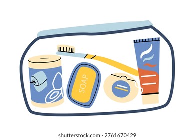 Travel hygiene essential kit. Trip items, hygiene holder. Toothpaste, toothbrush, dental floss and soap, toilet paper. Cartoon flat illustration in retro style.