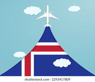 Travel to Iceland by flight, destination concept, vacation in Iceland, plane vector design, paper cut effect with blue sky and airplane, summer trip idea, country tourism banner