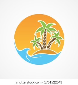 Travel icon. Beach with palm trees against the backdrop of the summer sun. Vector logo.