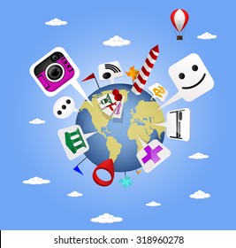 Travel icon with bubbles and globe. Vector